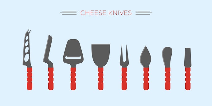Hard cheese knife, cheese spreader, cheese fork, dan sebagainya: Bisa untuk memotong, mengiris tipis, hingga mengoleskan keju