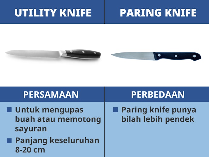 Utility knife dan paring knife: Pisau kecil untuk mengupas buah atau memotong sayur 