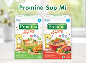 Usia 1 tahun ke atas: Promina Pasta, Promina Sup Mi, atau Promina Silky Pudding