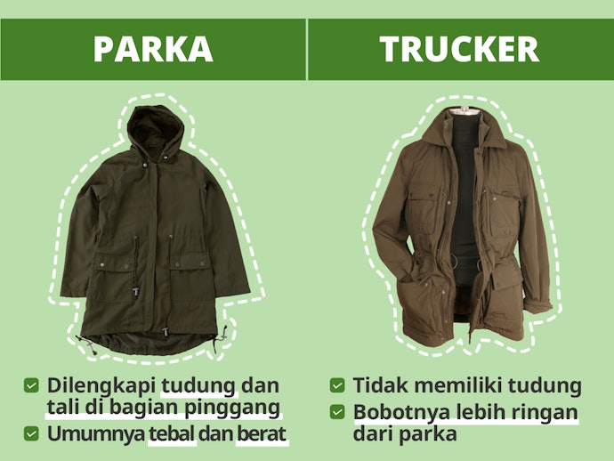 Parka atau trucker: Jaket berpotongan selutut, dilengkapi tali pinggang dan hoodie