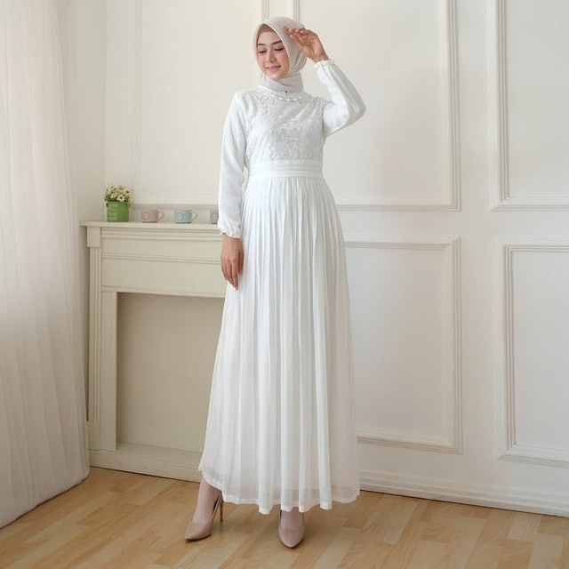 Agnes Fashion Gamis Putih Wanita Gamis Plisket Brokat 1