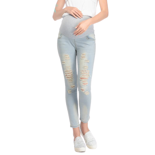 Mooimom New Boyfriend Maternity Jeans with Ripped Celana Jeans Hamil 1